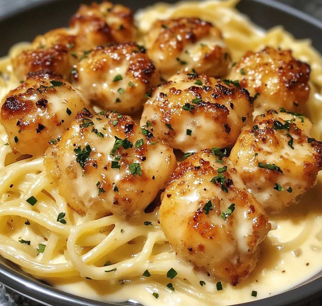 Golden Garlic Chicken Bites over Creamy Parmesan Pasta