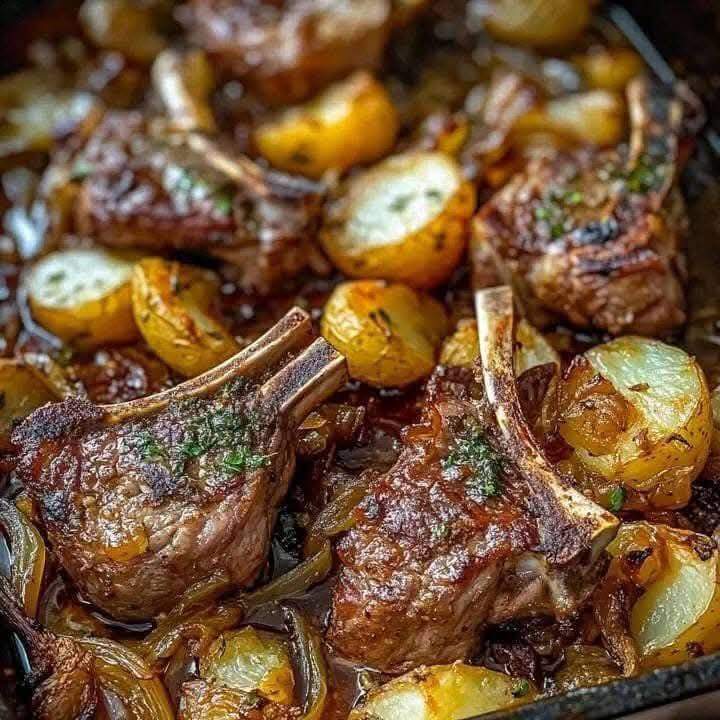 Roasted Lamb Chops with Potatoes and Onions