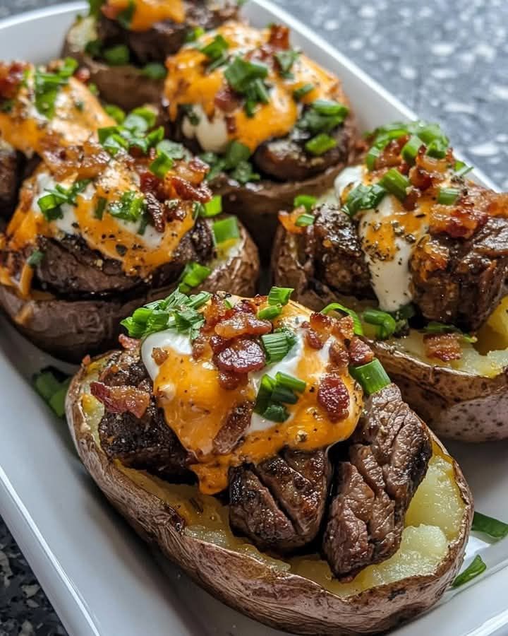 Baked potatoes stuffed with pieces of meat