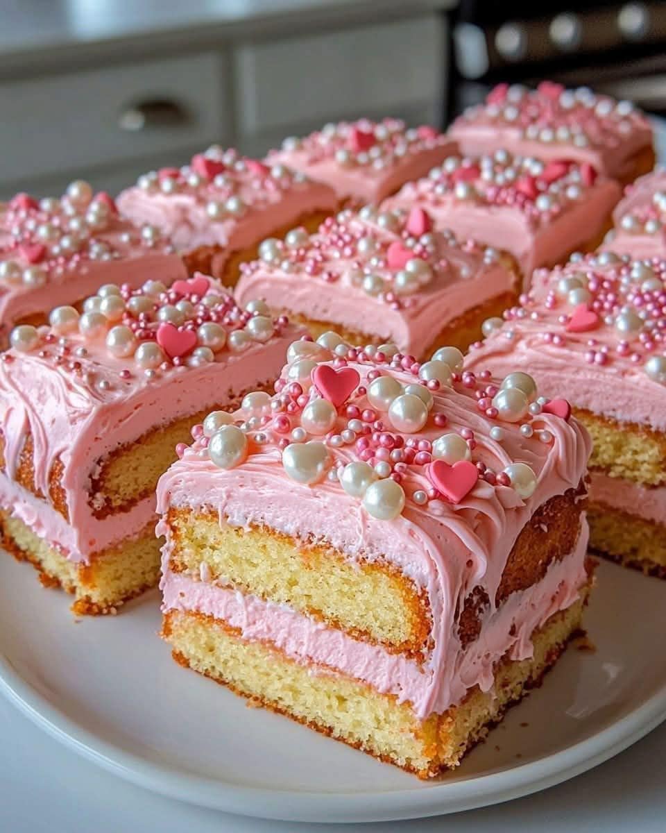 Pink Vanilla Cake Squares – soft, fluffy, and beautifully decorated!