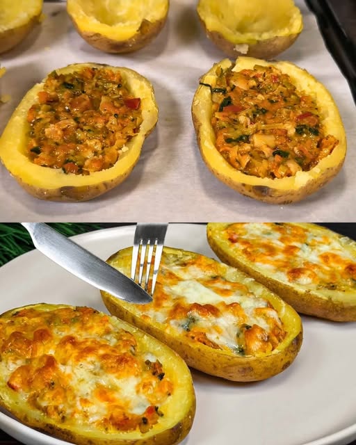 Cheesy Baked Potatoes with Bacon, Veggies, and Sour Cream Sauce