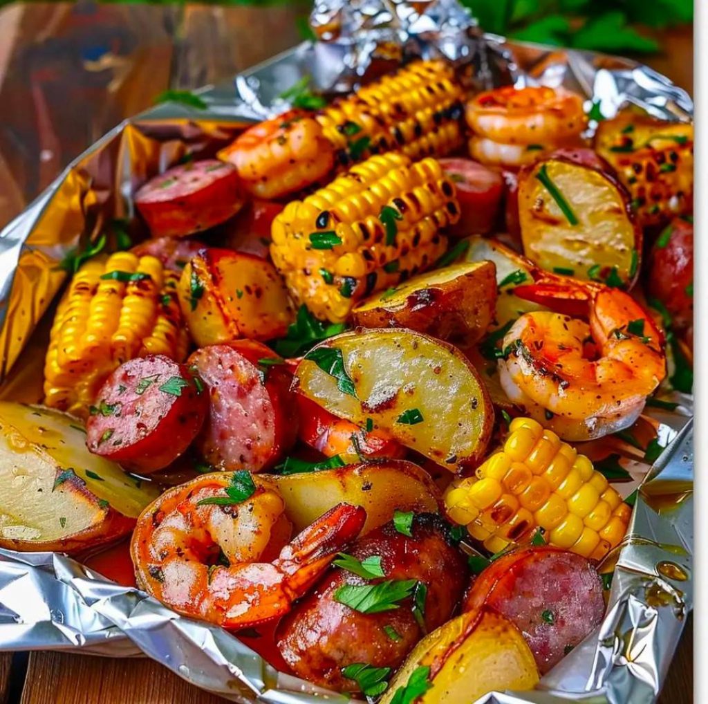 Shrimp, Corn, Potatoes, and Smoked Sausage Foil Pack