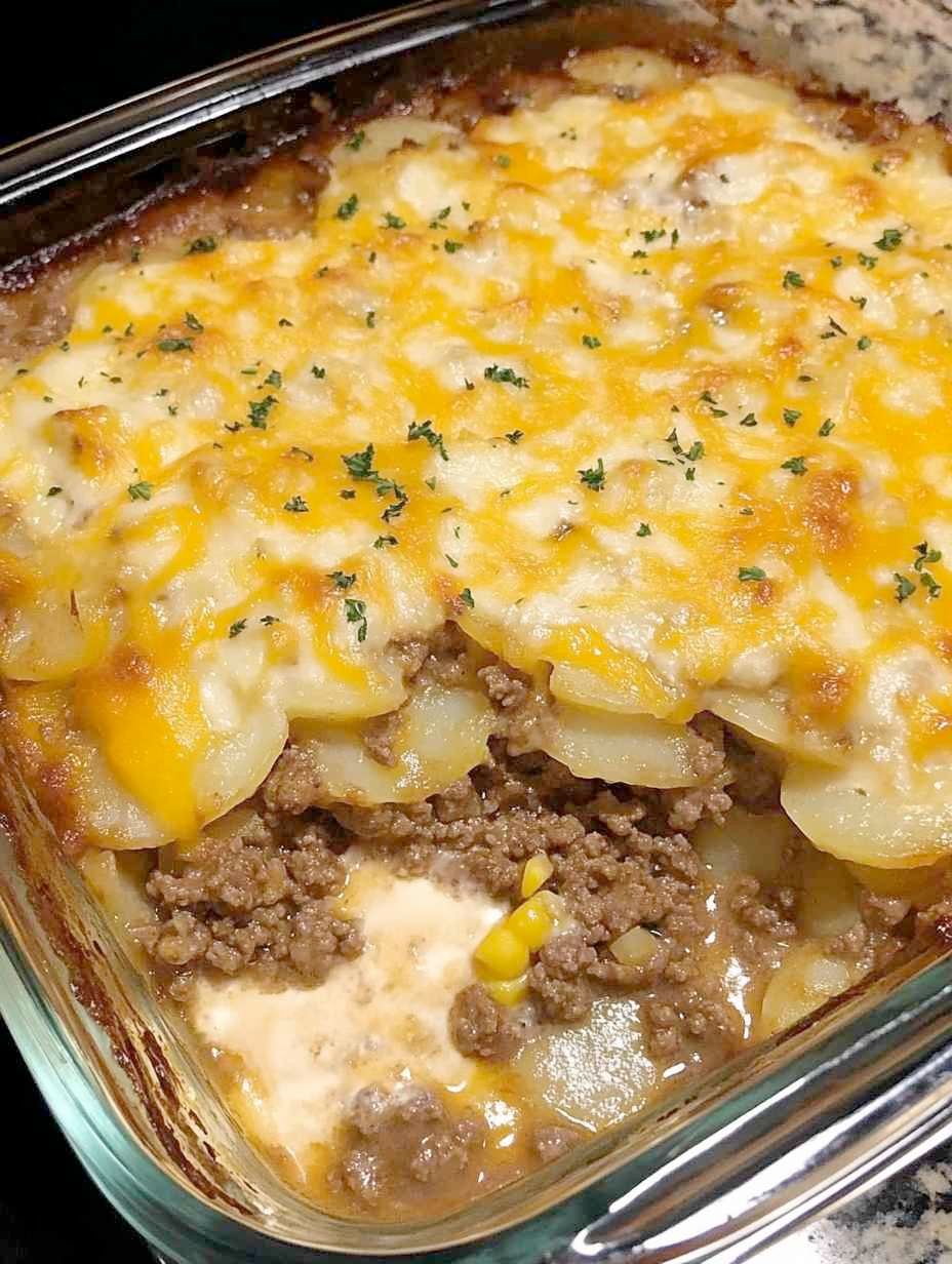 Baked Potato and Meat Casserole with Creamy Spinach and Mushroom Sauce