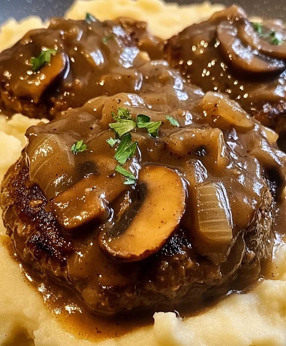 Salisbury Steak Garlic Mash Potatoes Mushroom & Onion gravy