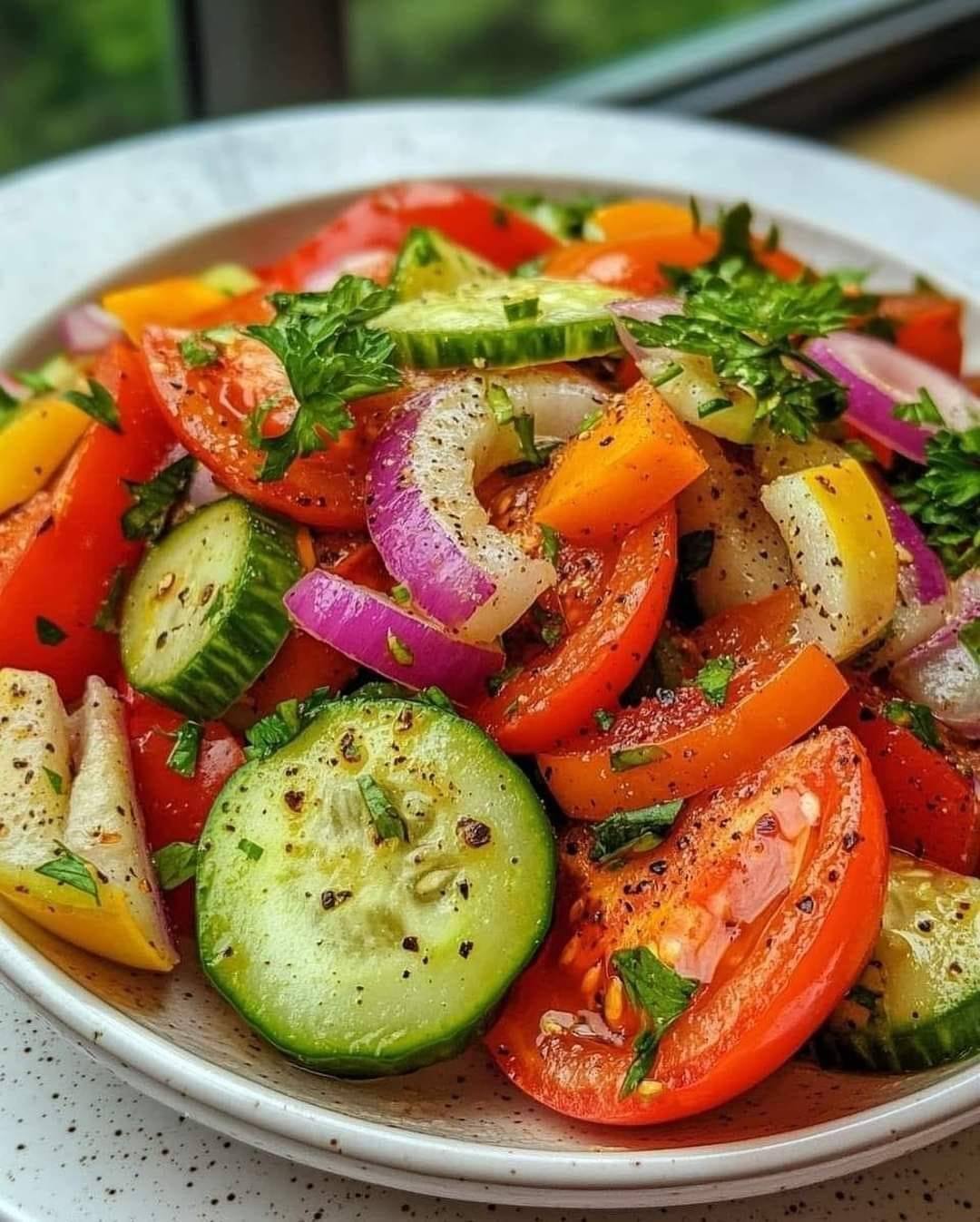 MARINATED CUCUMBER, TOMATO, AND ONION SALAD