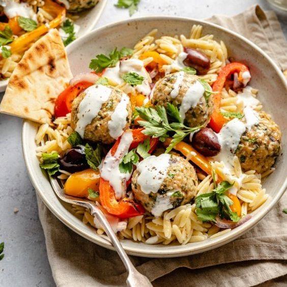 Healthy Greek Turkey Meatballs with Orzo & Feta Sauce