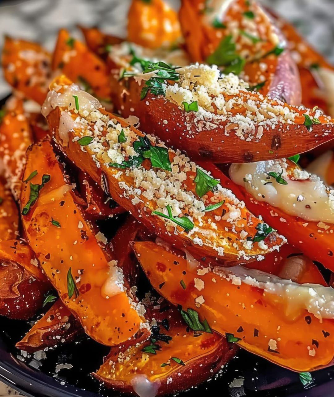 Parmesan garlic roasted sweet potatoes wedges