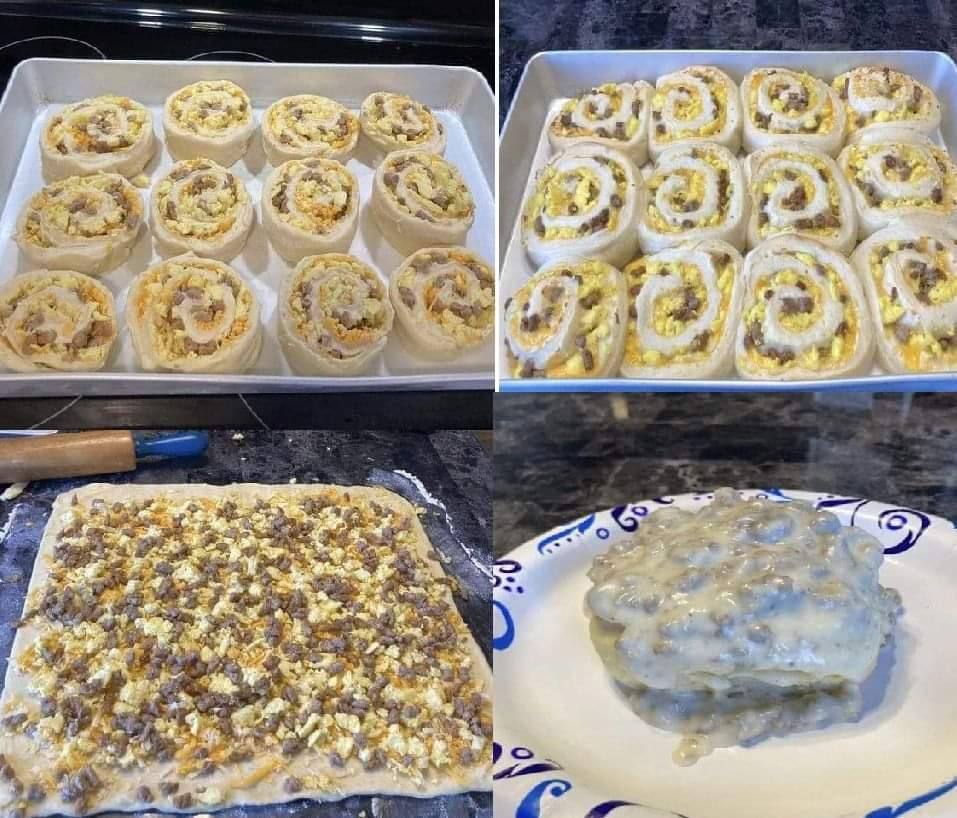 Not ‘cinnamon rolls’ but breakfast rolls! Sausage, egg and cheese rolls with sausage gravy ’frosting’!