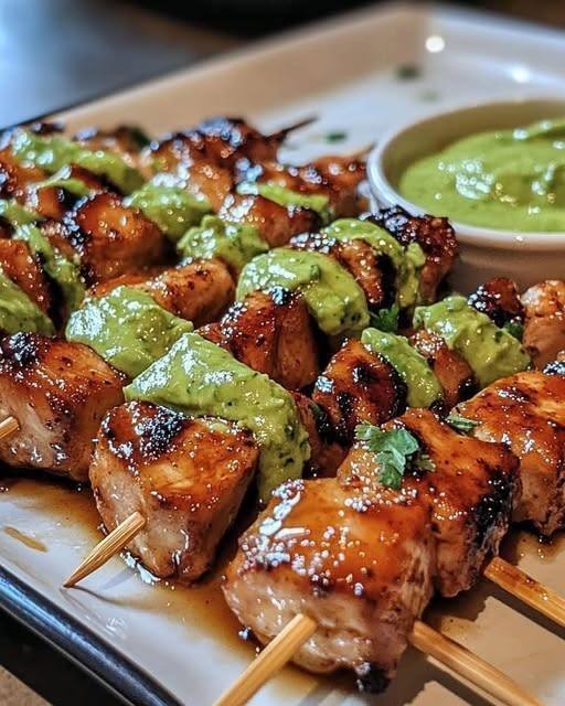 Spicy Honey Garlic Chicken Skewers with Creamy Avocado Dipping Sauce