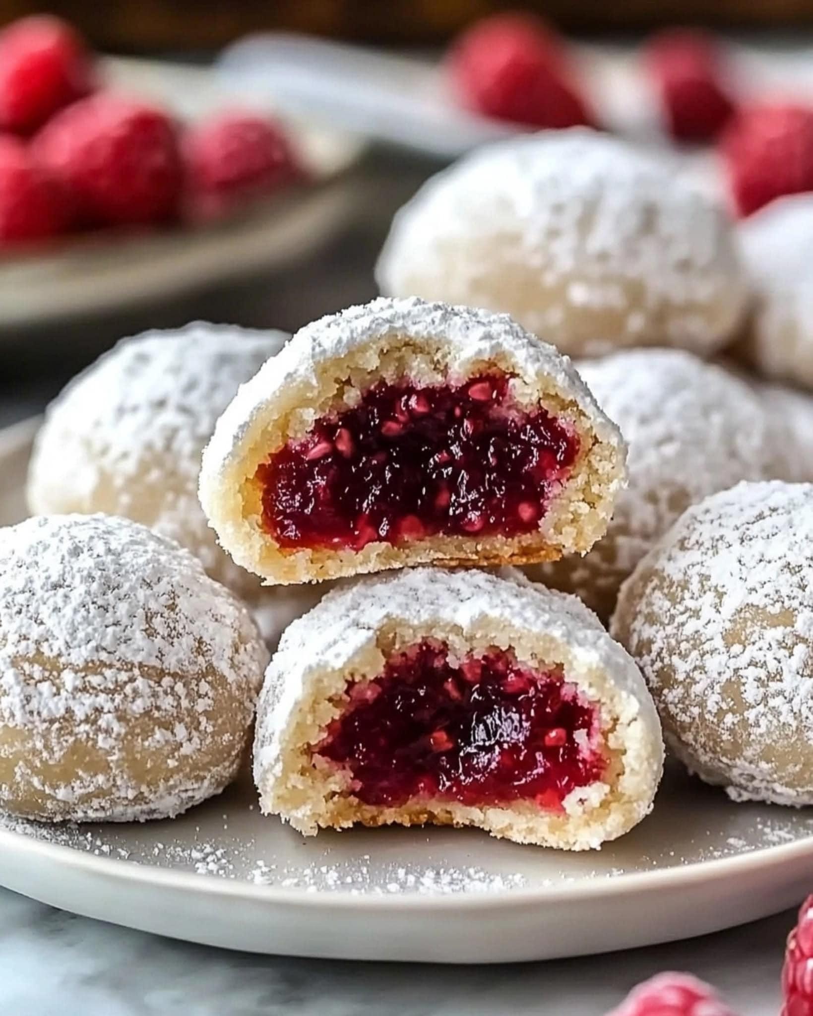 Raspberry Filled Almond Snowball Cookies 