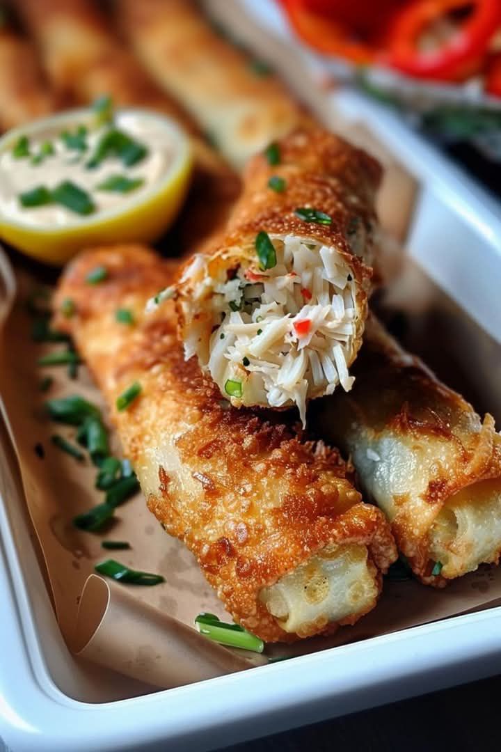 Crispy Crab Cake Egg Rolls with Lemon Dip