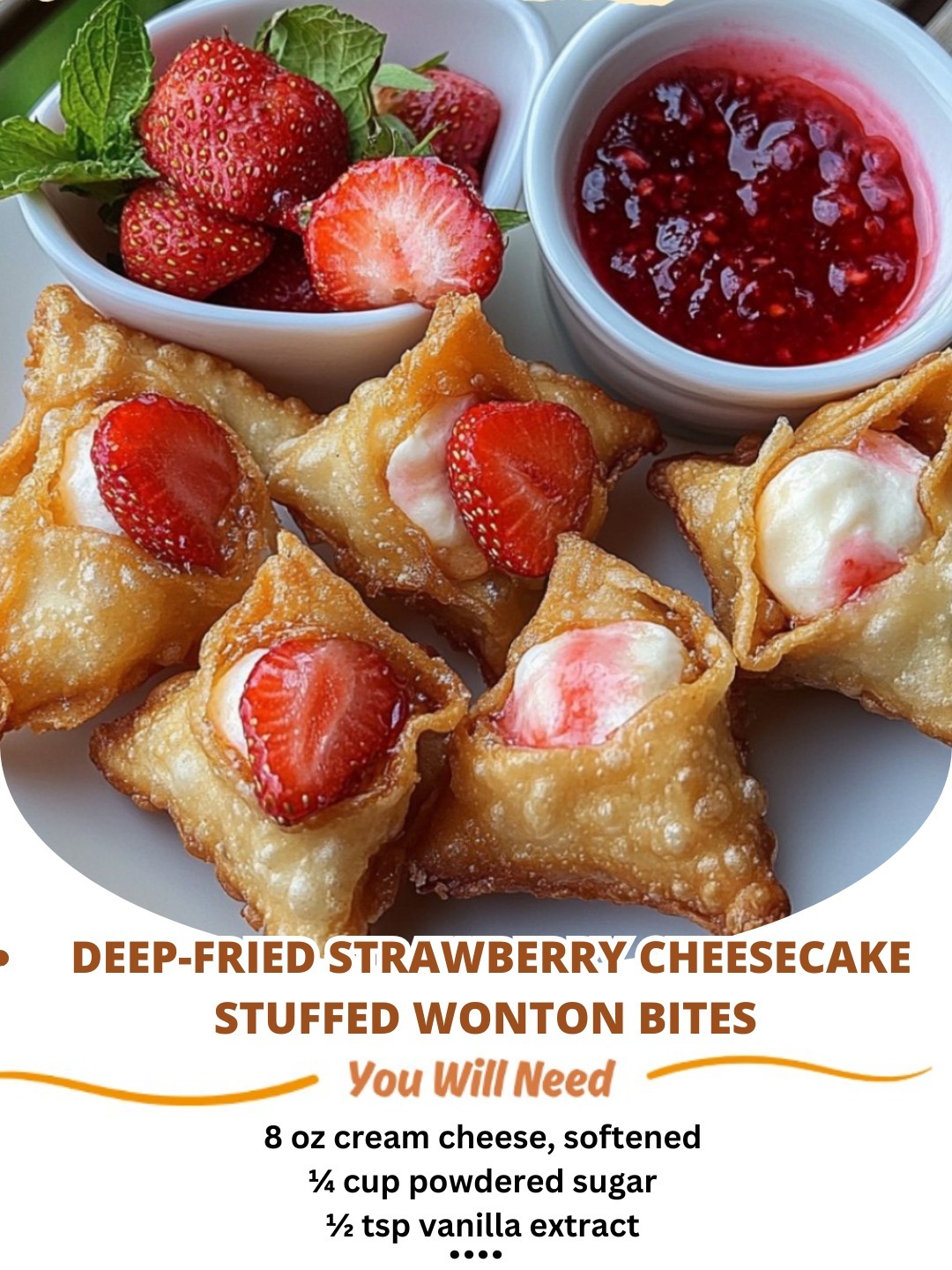 Deep-Fried Strawberry Cheesecake Stuffed Wonton Bites