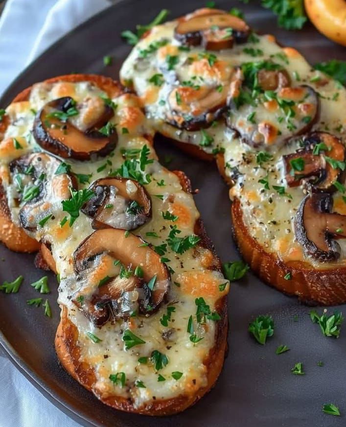 Gourmet cheesy mushroom and garlic toasts