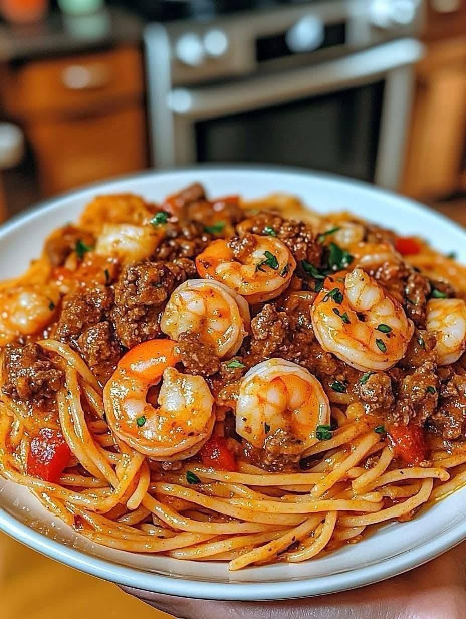 Creamy Beef and Shrimp Spaghetti in Cajun Sauce