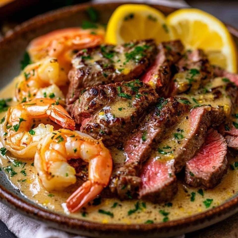 Creamy Lemon Garlic Butter Steak and Shrimp 