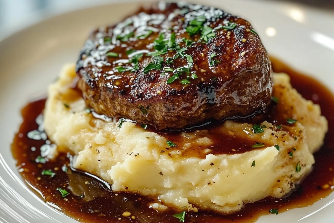 Classic Homestyle Salisbury Steak with Creamy Garlic Infused Mashed Potatoes