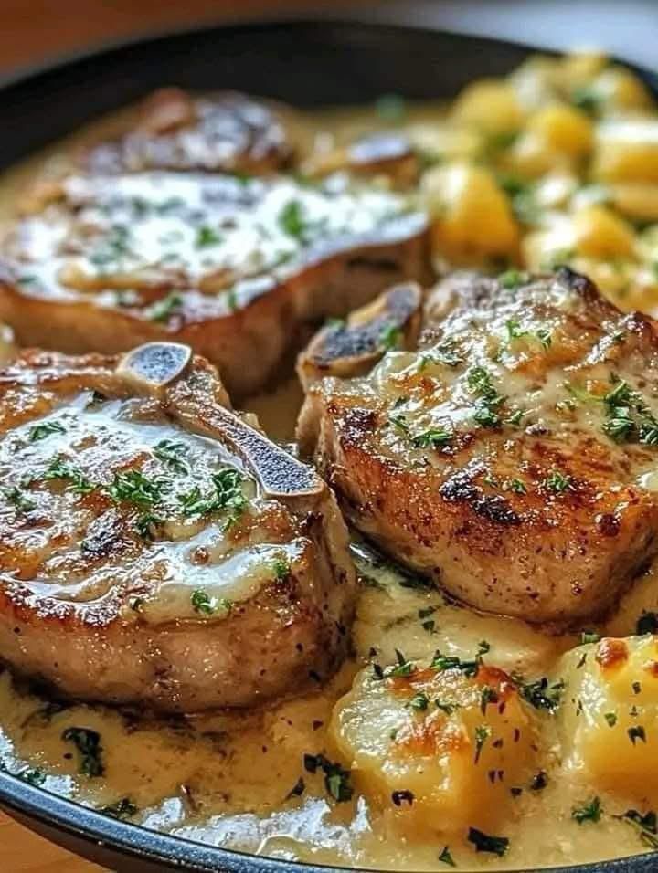 Title: Creamy Garlic Pork Chops with Crispy Potatoes!