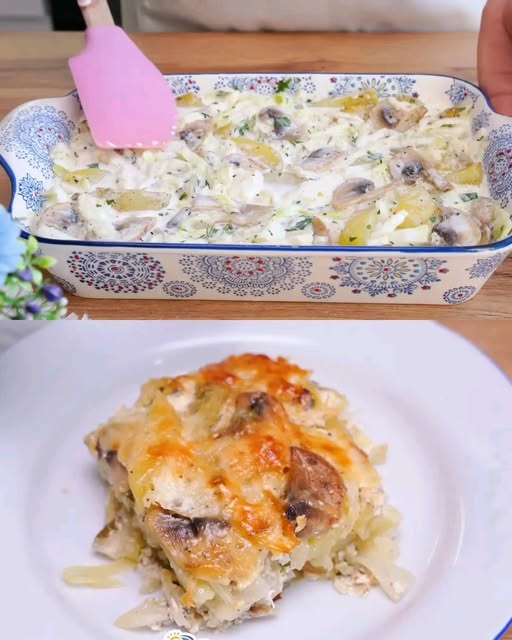 Creamy Cabbage Bake with Potatoes, Mushrooms, and Parmesan