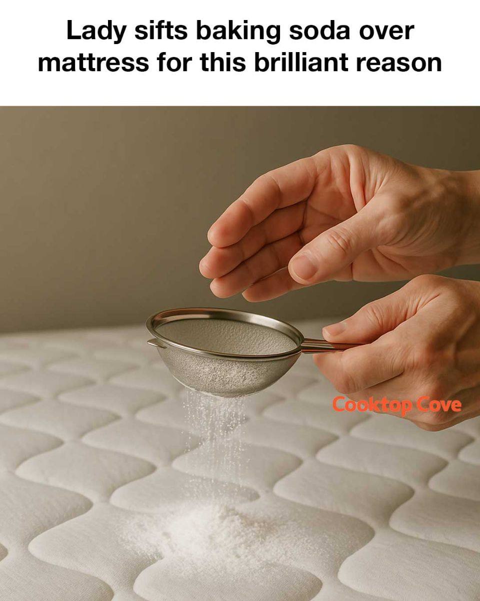 Lady sifts baking soda over mattress for this brilliant reason