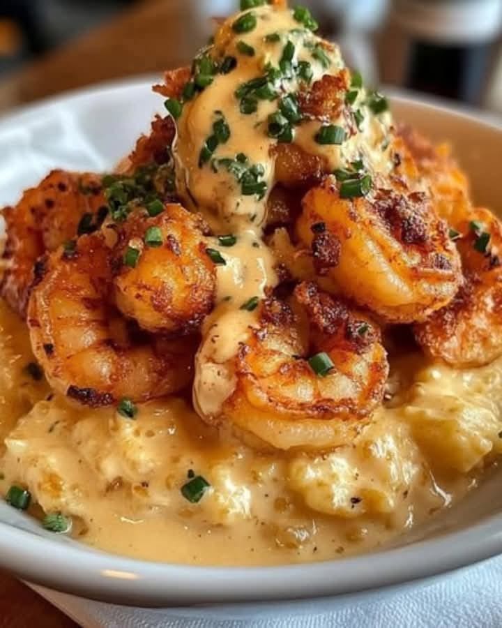 Crispy Shrimp & Grits with Crab Cream Sauce