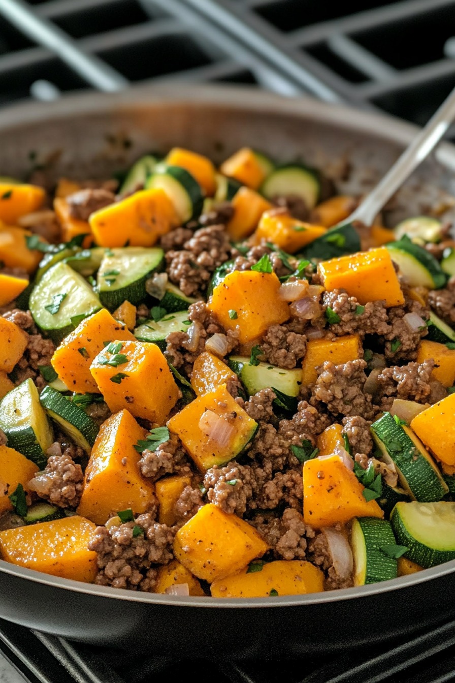 Ground Beef Skillet with Sweet Potatoes & Zucchini