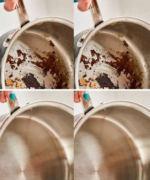 I cleaned the burnt kitchen utensils immediately. I used this trick.