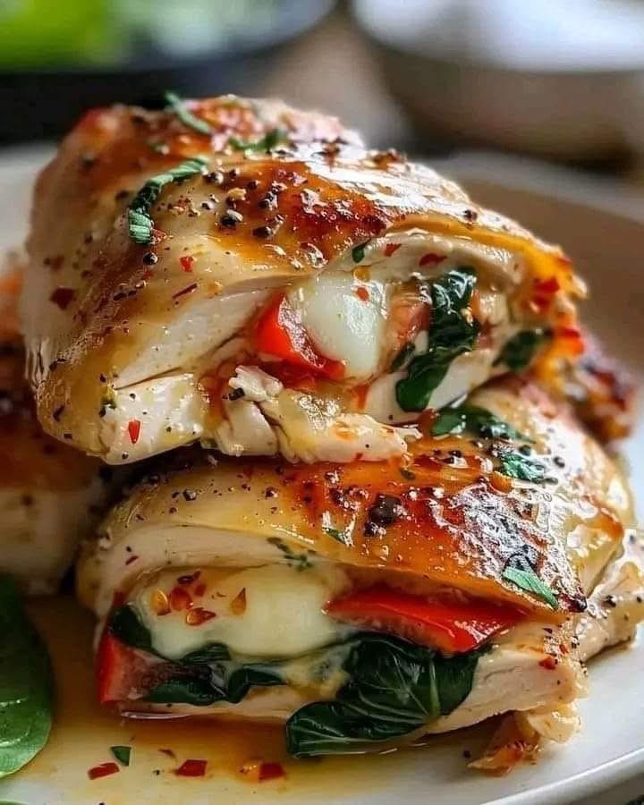 Stuffed Chicken Breast with Red Pepper, Spinach, and Mozzarella