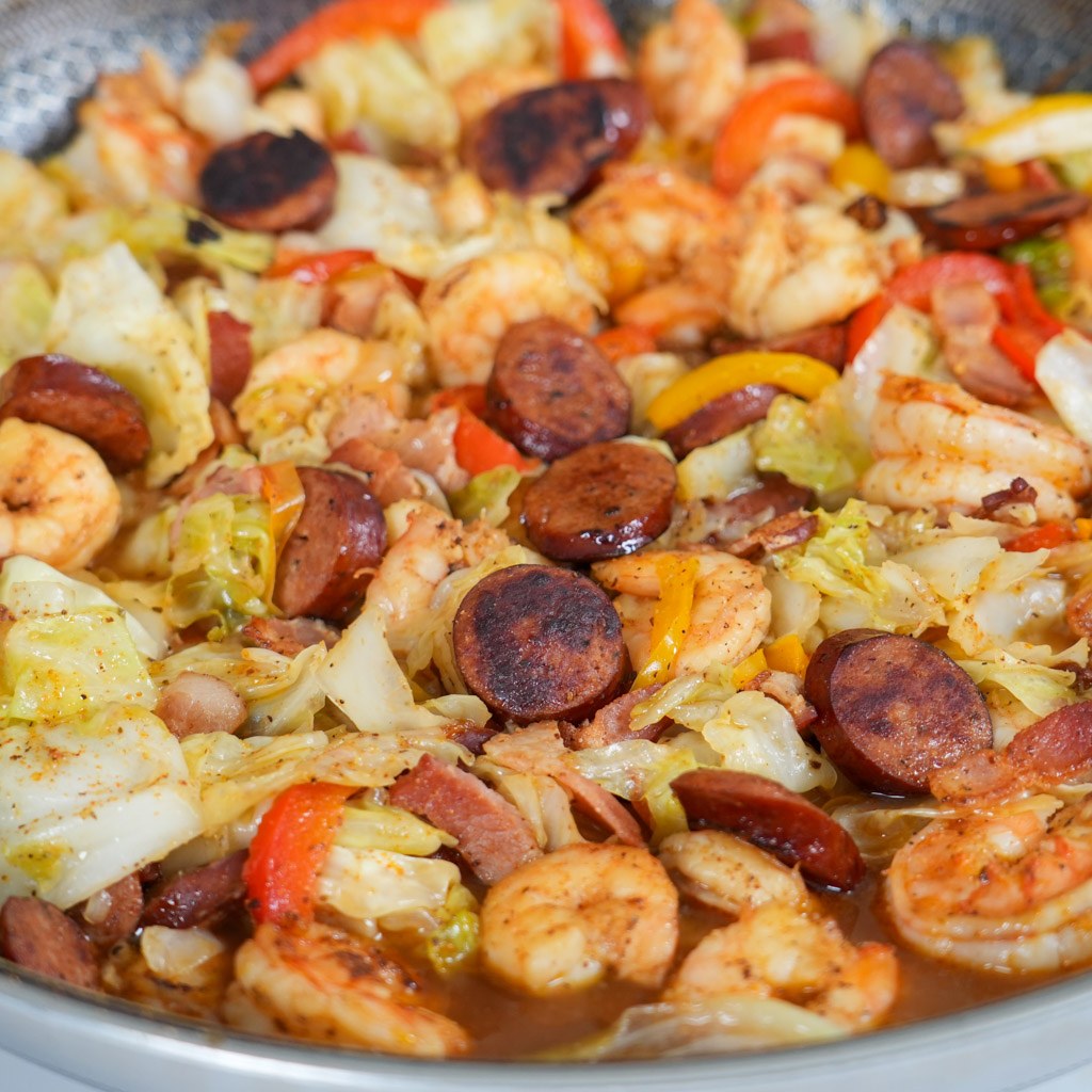 FRIED CABBAGE WITH SHRIMP, SAUSAGE & BACON RECIPE: