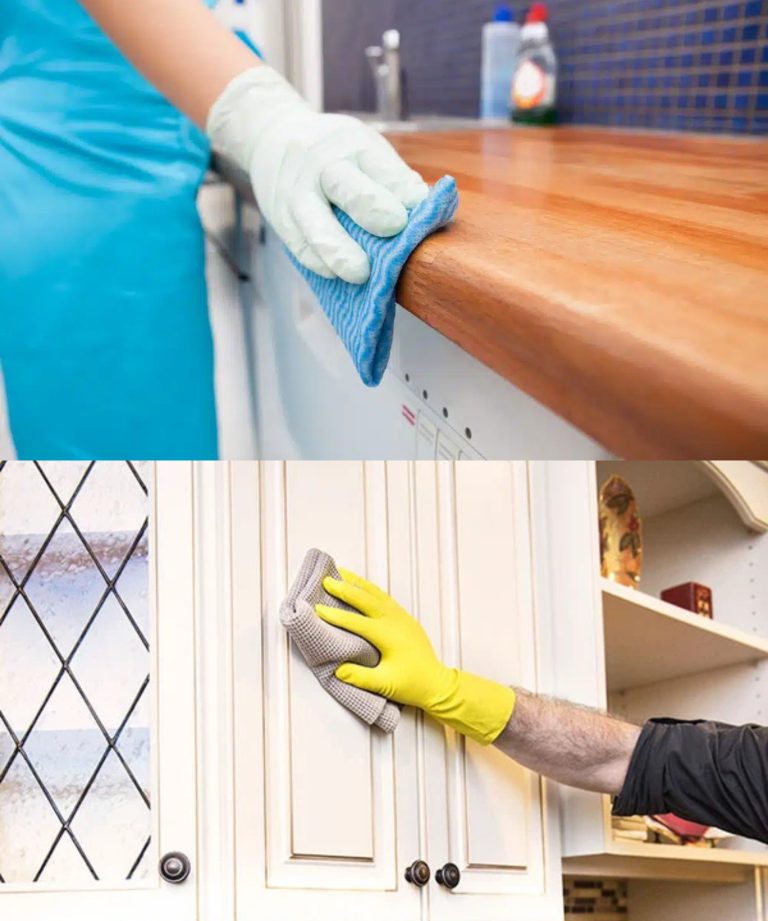 Add it to the water and wash the cabinets. The fat is lost without having to be scrubbed