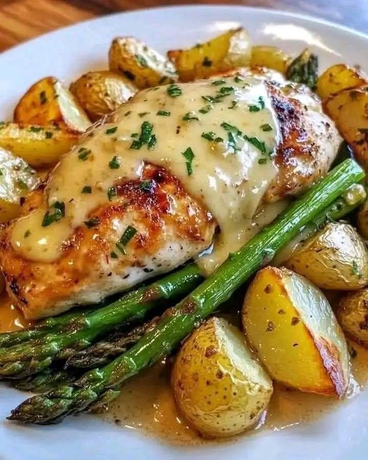 Honey Mustard Chicken with Roasted Asparagus and Potatoes