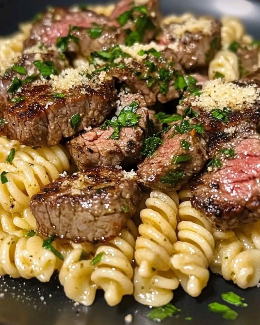 **Steak Bites and Rotini in Garlic Parmesan Sauce