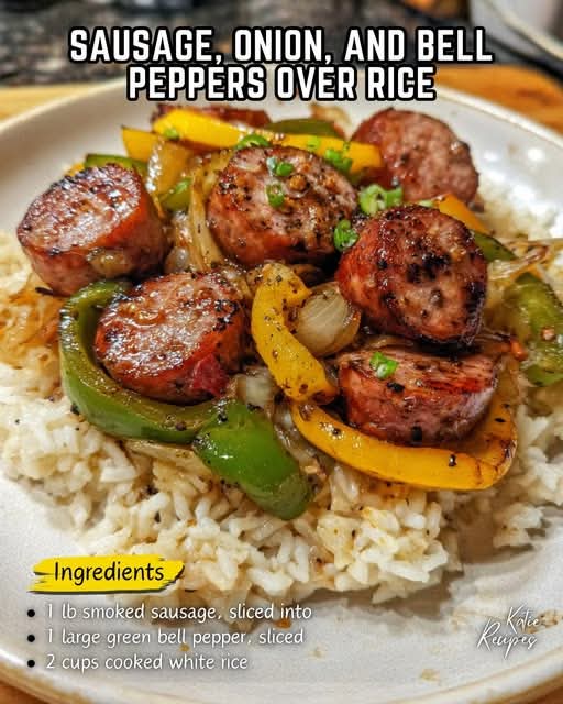 Sausage, Onion, and Bell Peppers over Rice