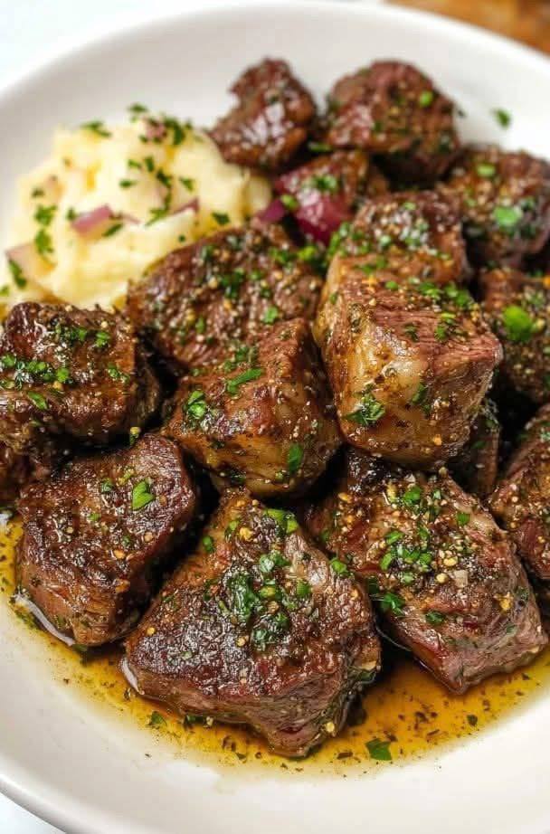 Garlic Butter Steak Bites and Cheesy Smashed Potatoes