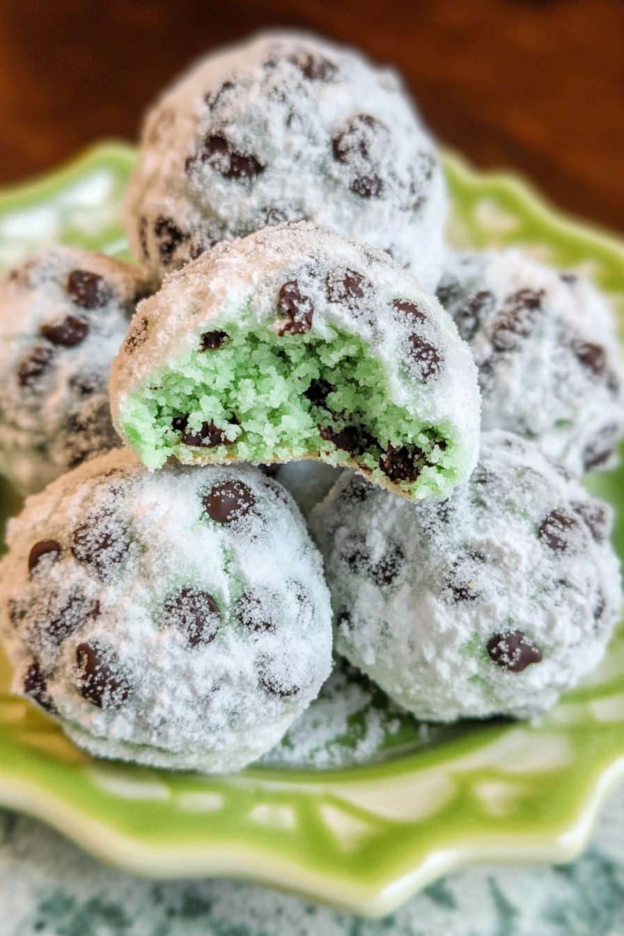 Mint Chocolate Chip Snowball Cookies 
