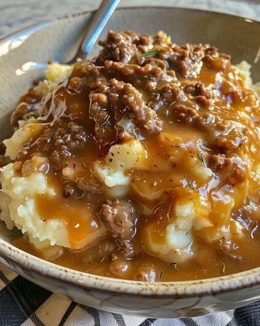 Instructions for Making Beef and Gravy with Mashed Potatoes