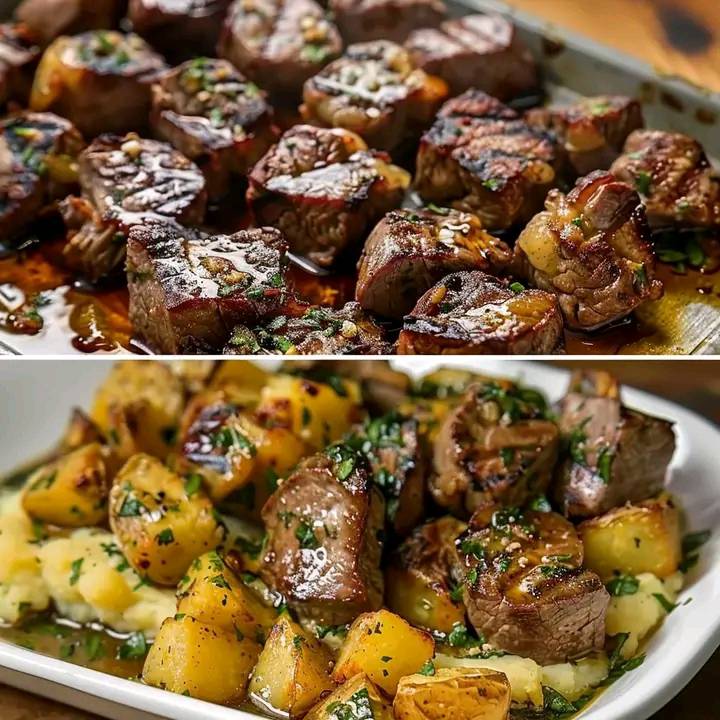 Garlic Butter Steak Bites and Cheesy Smashed Potatoes