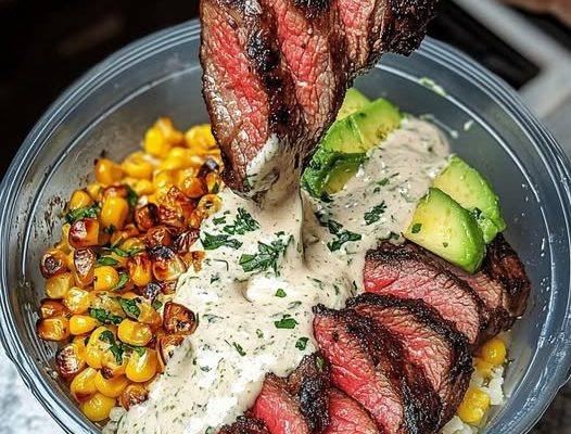 Steak, Avocado, and Roasted Corn Bowl with Cilantro Cream Sauce