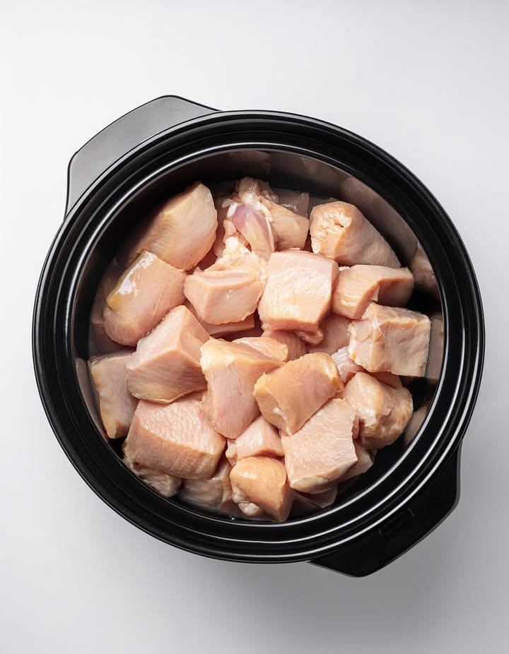 Put raw cubed chicken in a slow cooker with these 4 ingredients. You’ll crave this all winter.
