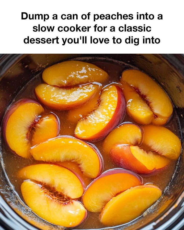 Dump a can of peaches into a slow cooker for a classic dessert you’ll love to dig into