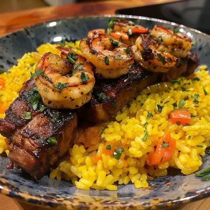 Spicy Jerk-Marinated Steak and Shrimp with Aromatic Yellow Rice