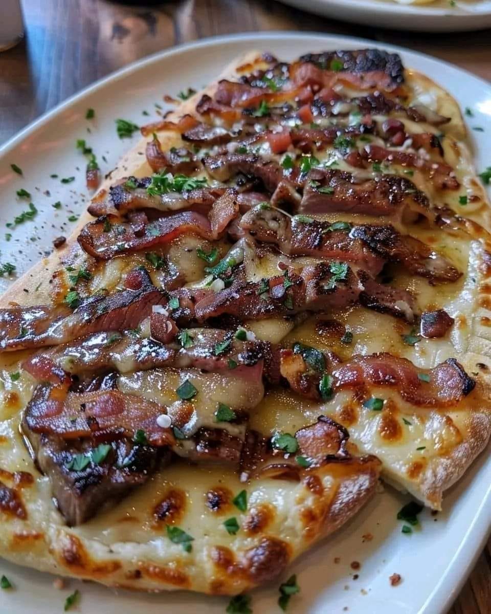 BLACKENED STEAK AND BACON ALFREDO FLATBREAD