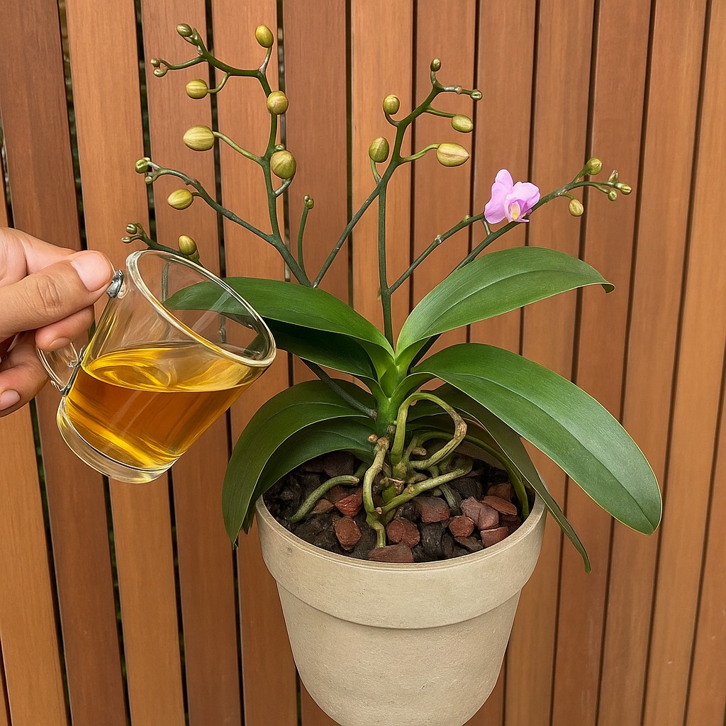 Strangely, after spraying this water, the orchid withered green immediately