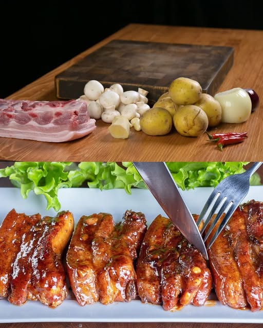 Soy-Braised Pork Belly with Herb-Roasted Potatoes and Sautéed Mushrooms