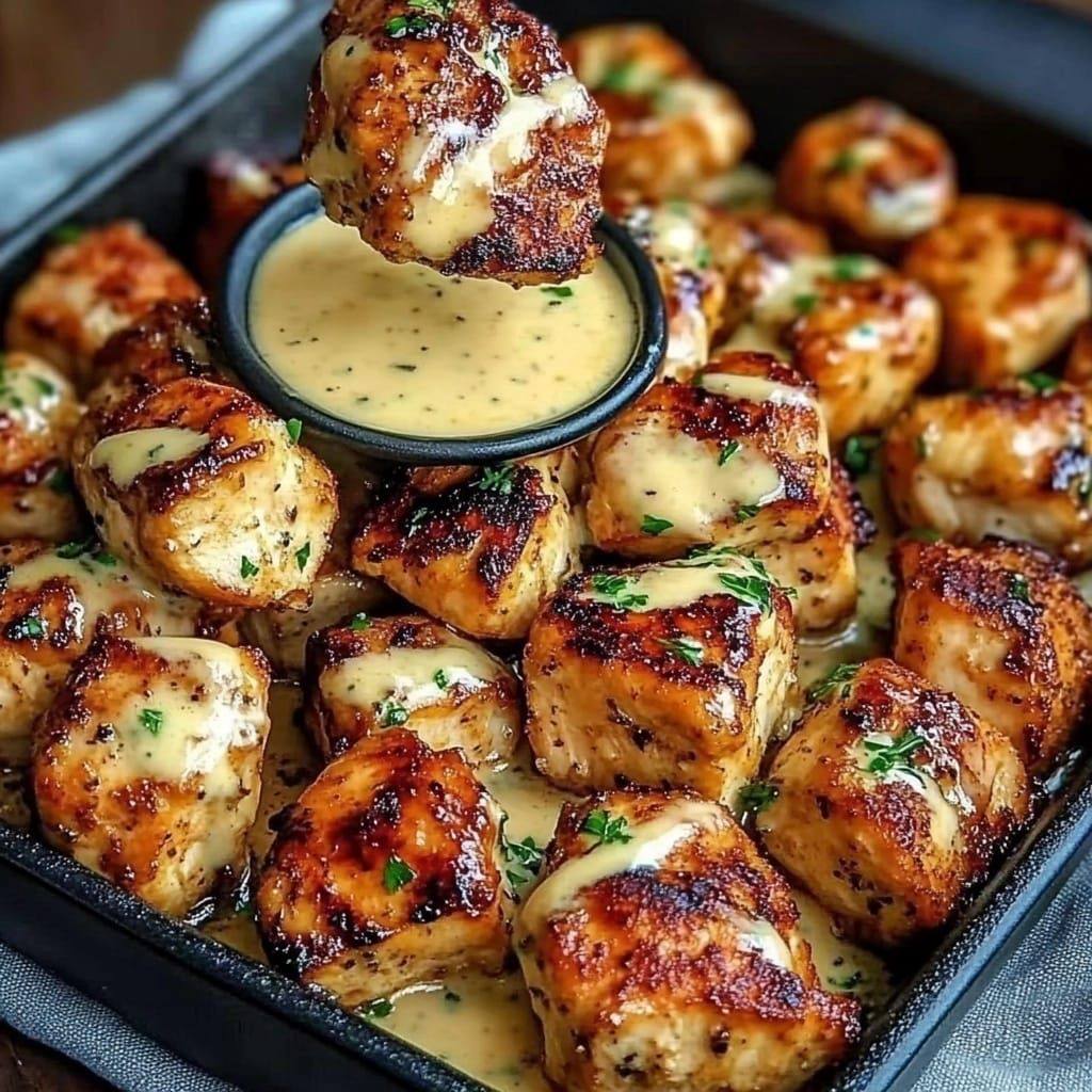 Grilled Chicken Bites with Creamy Garlic Dip
