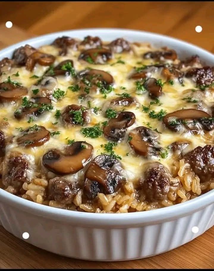 Creamy Beef & Mushroom Rice Bake