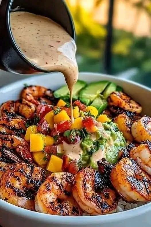 shrimp and avocado bowls with mango Salsa & Lime-Chili Sauce