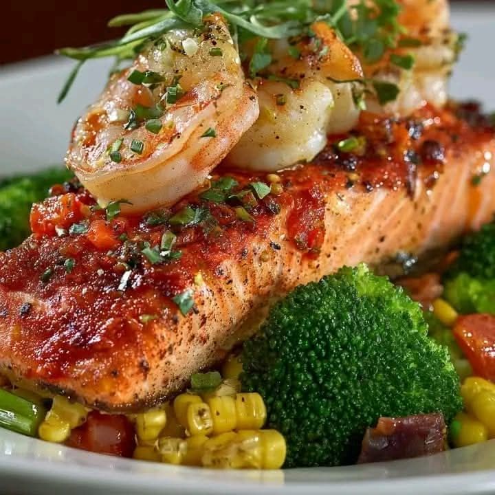 Spicy Salmon with Shrimp over Veggie Medley