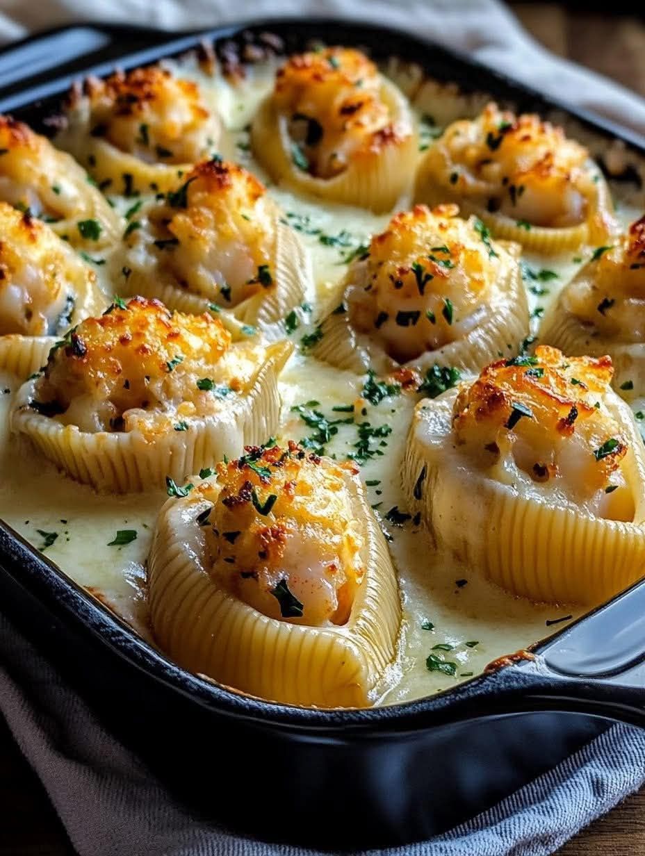 SHRIMP AND CRAB STUFFED SHELLS WITH ALFREDO SAUCE