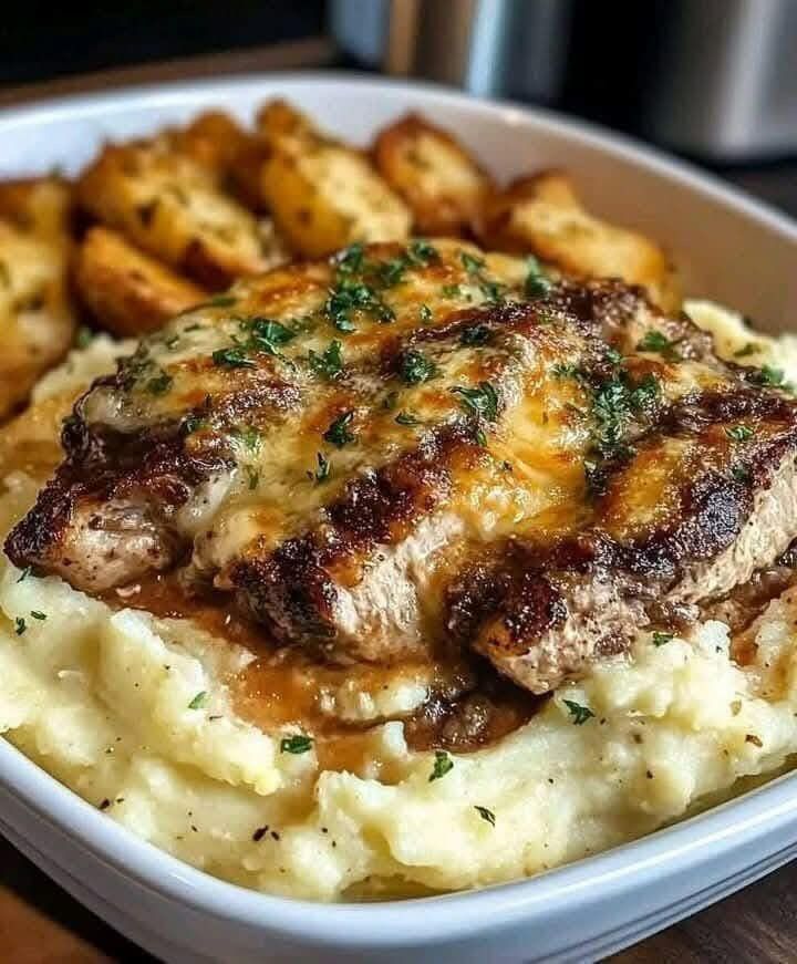 Garlic Parmesan Chicken & Steak Bake with Cheesy Loaded Mashed Potatoes
