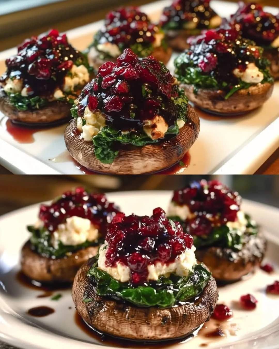 Balsamic-Glazed Cranberry & Goat Cheese Stuffed Mushrooms with Spinach 